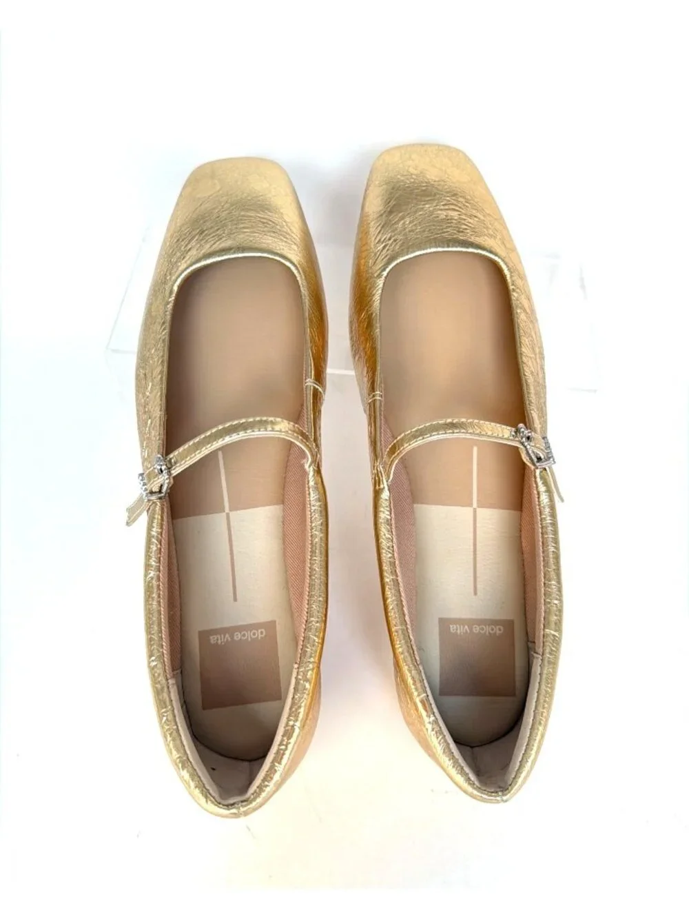 Dolce Vita Reyes Gold Distressed Leather Mary Jane Square-Toe Flats Size 7.5